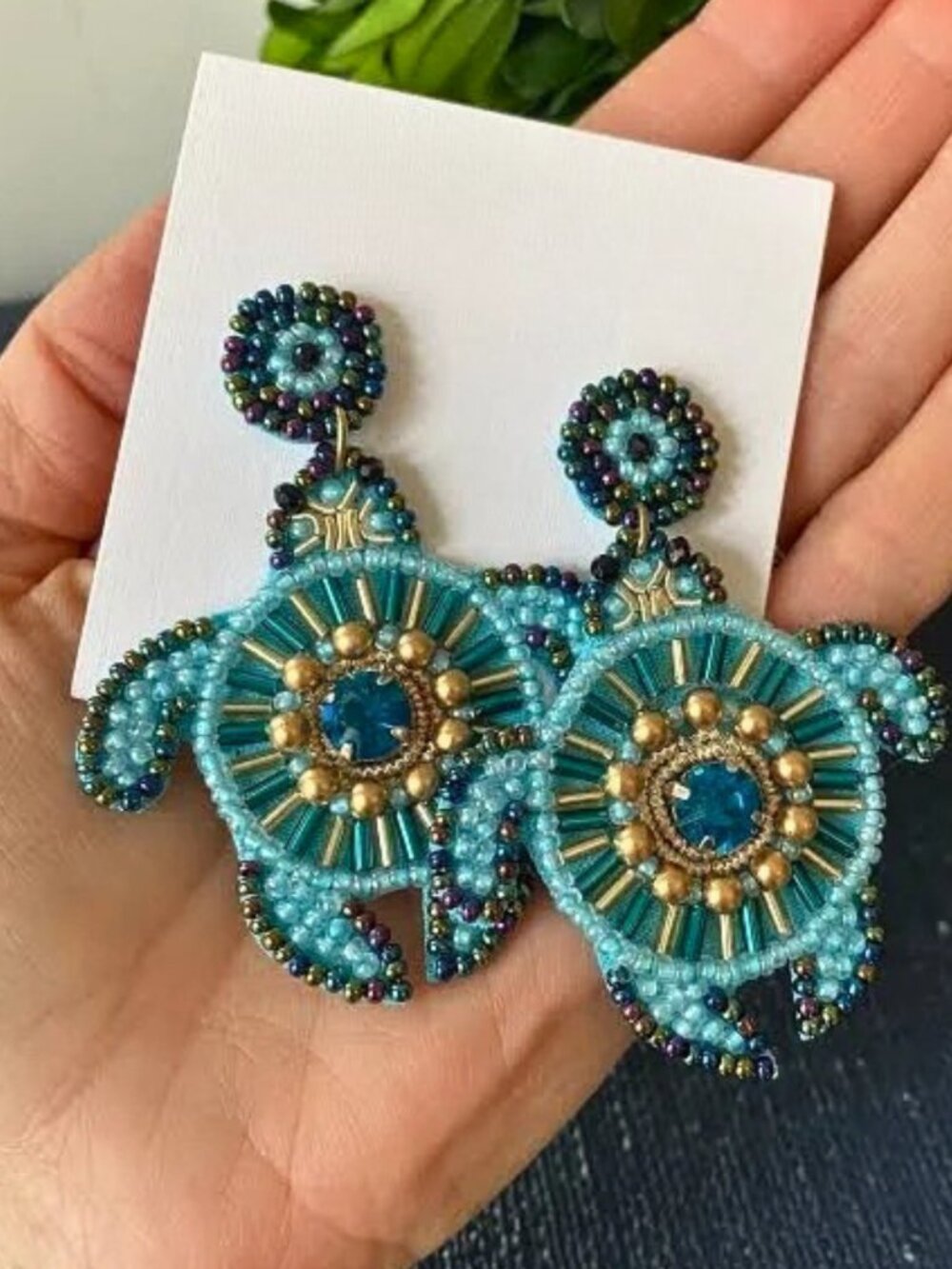 Turquoise Beaded Crystal Gem Sea Turtle Beach Theme Boho Statement Earrings NEW